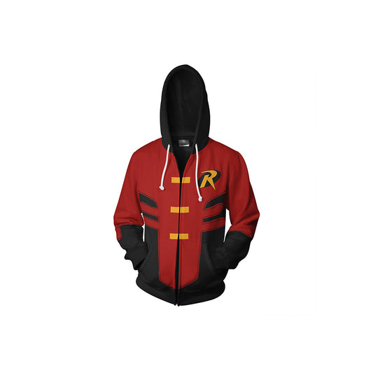 1080x1080, beyaz arkaplan, kırmızı-siyah-sarı renkler, kapüşonlu Robin, full zip hoodie, orijinal Batman Robin hoodie, satın al, ürün görseli, kostüm hoodie, göğüs logosu detaylı, önden çekilmiş fotoğraf, webp