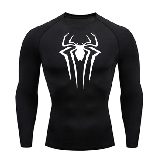 beyaz arkaplan, siyah kumaş, beyaz örümcek baskısı, örümcek adam tişörtü, spider man compression shirt, sporcu antrenman tişörtü satın al, spiderman compression tişört, önden çekilmiş ürün görseli, uzun kollu,