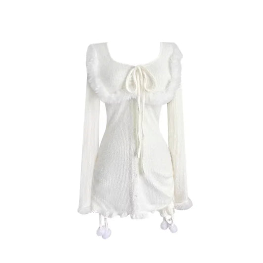 Lisa Beyaz Ponponlu Elbise